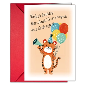 Cartoon tiger birthday card with red envelope and festive party balloons set