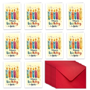 Set of 10 watercolor birthday cards with cute candle designs and red envelopes