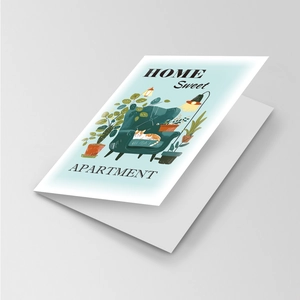 Detailed view of Home Sweet Apartment card featuring a cat on a blue sofa and indoor plants