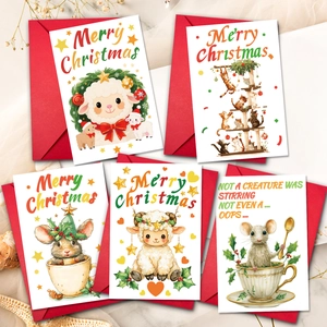 Weihnachtskarten-Set mit 5 süßen Aquarell-Tierdesigns und roten Umschlägen