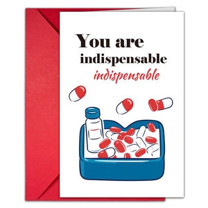 Detail of Thank You recovery card and red envelope featuring capsule medicine illustration