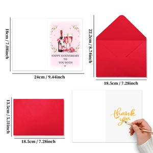 Detail of anniversary card set with red envelope and dimensions in cm and inches