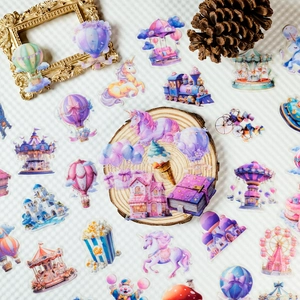 Detail of waterproof PET stickers featuring dreamlike carousel and unicorn themes