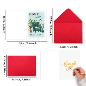 Detail view of large moving thank you card set with cozy home illustration and red envelope
