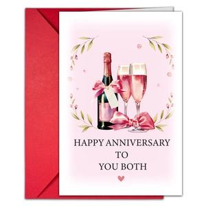 Detail of anniversary card with watercolor champagne illustration and red envelope