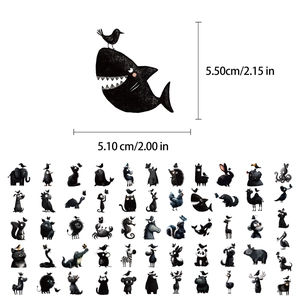 Détail de 50 autocollants d'animaux mignons noir et blanc avec dimensions précises