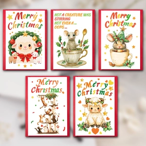 Set aus 5 großen süßen Weihnachts-Grußkarten mit Tieren wie Schafen und Katzen Illustrationen