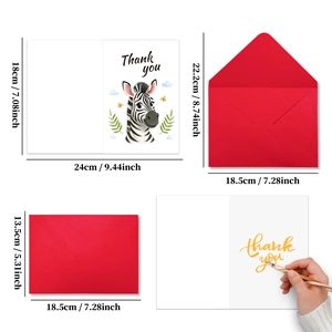 Detailed size specifications for thank you card with envelope and cute zebra design