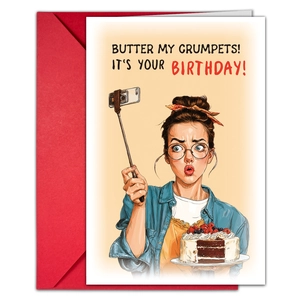 Detail showing humorous birthday card with cartoon illustration and a red envelope set