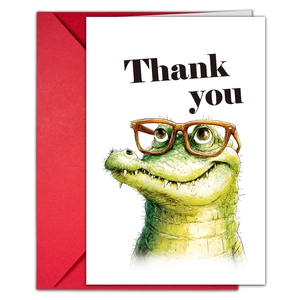 Detail of Thank You card featuring a cute cartoon crocodile with a red envelope