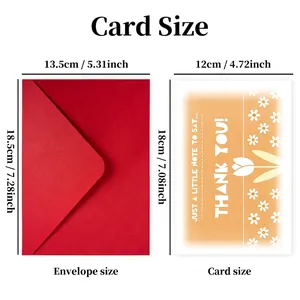 Floral thank you card set with red envelope and size specifications in inches and cm
