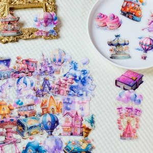 56 pieces of dreamy amusement park PET stickers featuring unicorns and castles for DIY