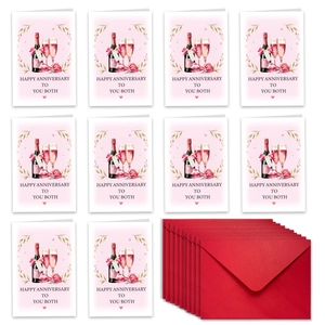 Set of 10 happy anniversary cards with champagne illustrations and red envelopes