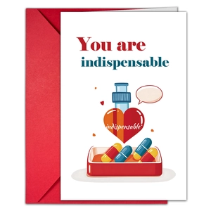 Detail showing thank you card set with red envelope and medical theme illustration