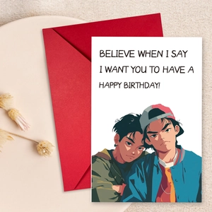 Detail of anime-style birthday card for brother on ceramic plate with a red envelope
