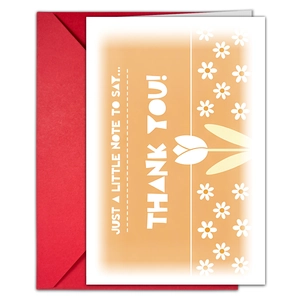 Detail of floral thank you card with daisy patterns and matching bright red envelope