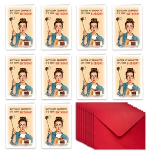 Set of 10 funny retro comic birthday cards with red envelopes and vintage female illustration