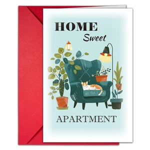 Detail of blue 'Home Sweet Apartment' card with cat, plants and red envelope
