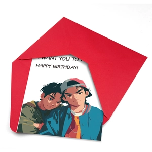 Detail showing retro anime birthday card with characters and a matching red envelope
