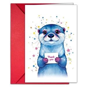 Detail of a cute watercolor blue otter thank you card with a vibrant red envelope