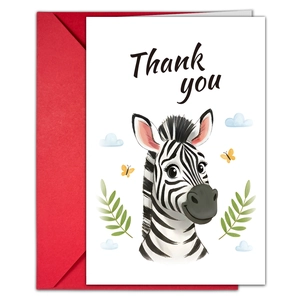Detail view of cartoon zebra thank you card with a vibrant red envelope set