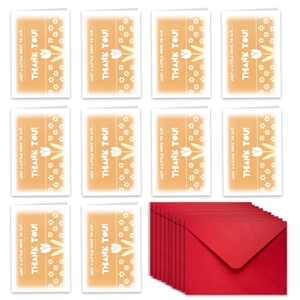 Floral thank you card set with 10 folded cards and red envelopes on white background