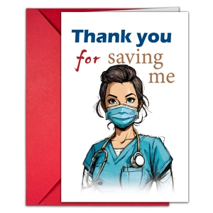 Detailed view of 'Thank you for saving me' card with medical nurse illustration and red envelope