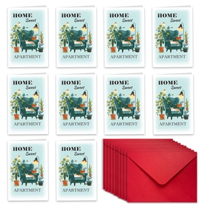Set of 10 folded housewarming cards featuring a cozy cat on armchair illustration