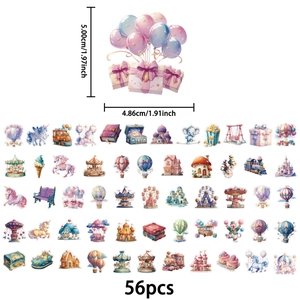 56Pcs dream theme PET stickers with hot air balloons and unicorns for DIY scrapbooking
