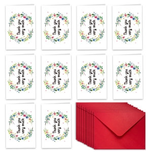 Close-up of ten floral thank you cards with matching red envelopes in a neat grid