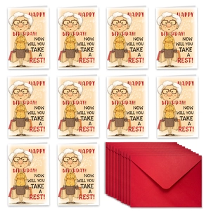 Set of 10 funny cartoon birthday cards with red envelopes featuring a shopping grandmother