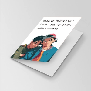 Detail of creative anime style birthday card with envelope and English greeting text