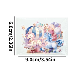 Detailed view of dreamy amusement park unicorn stickers with dimensions 9x6cm for DIY