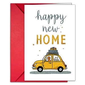 Detail of happy new HOME moving card with glitter letters, red envelope and pet illustration