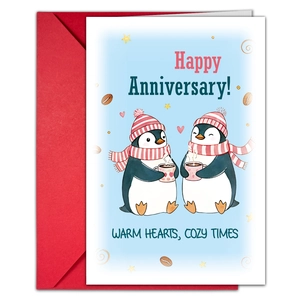 Detail of anniversary card with cute penguin illustration and a bright red envelope