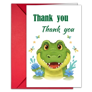 Close-up of cute cartoon crocodile thank you card set with vibrant red envelope