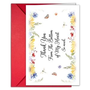 Detailed close-up of a white watercolor flower thank you card with a red envelope set