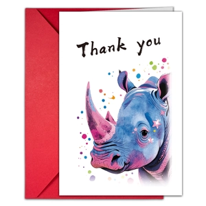 Detail of thank you card with watercolor rhino illustration and matching red envelope