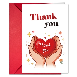 Detailed view of Thank You card with red heart illustration and matching envelope set