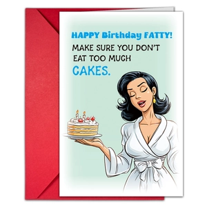 Detail of cartoon birthday card featuring a woman with cake and a red envelope set