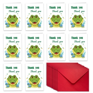 Detail of 10-piece cute crocodile thank you card set with matching red envelopes