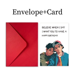 Detail view of the white birthday card with male anime illustration and bold red envelope