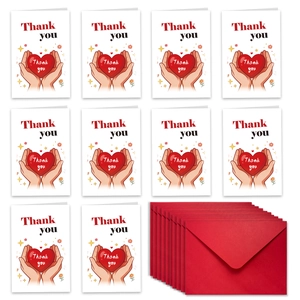Detailed set of 10 thank you cards featuring a red heart illustration and envelopes