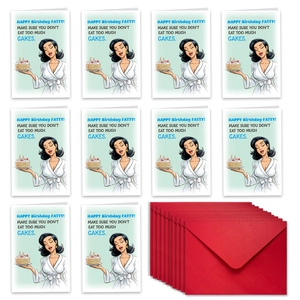 Bulk set of 10 funny cartoon birthday cards with red envelopes and humorous comic art