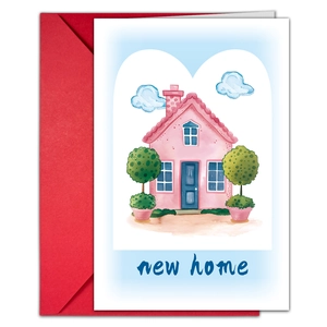Detail of watercolor new home greeting card featuring a pink house and red envelope