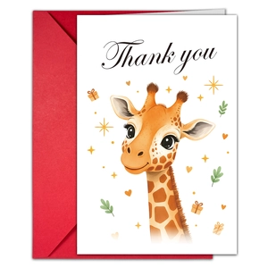 Detail of Thank You card with cute giraffe illustration and matching red envelope