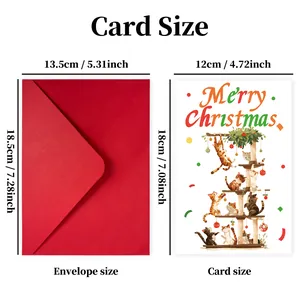 Size chart for Christmas card with envelopes featuring cute cat illustrations and dimensions