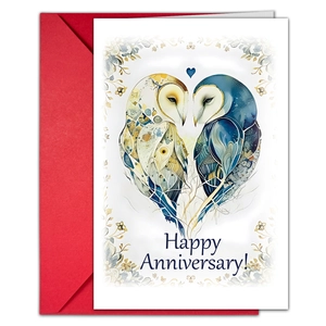 Detail of couple owl heart illustration on wedding anniversary greeting card with red envelope