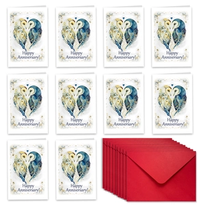 Anniversary card set featuring hand-drawn owls in heart shape with red envelopes