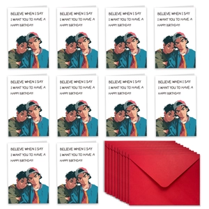 Funny anime birthday card set with ten illustrated cards and ten red envelopes